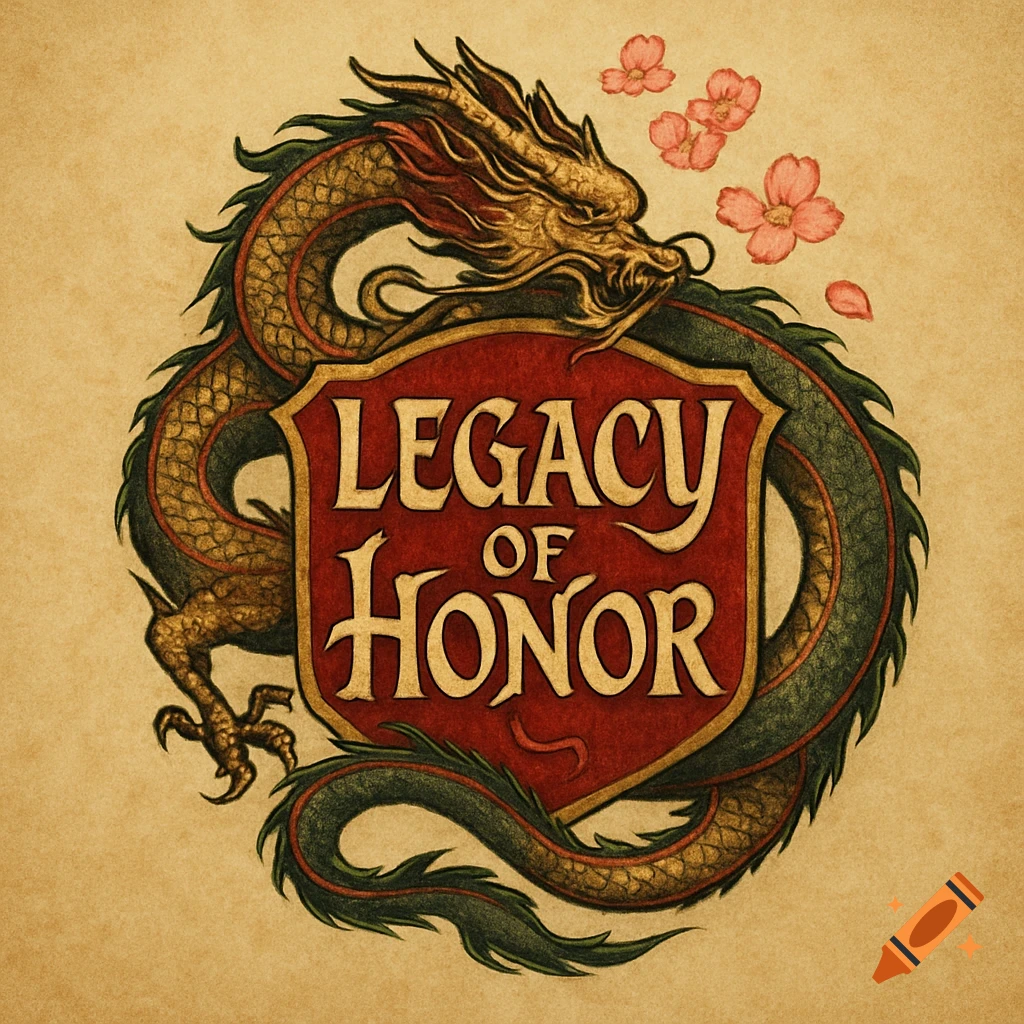 A gold and green dragon wraps around a red shield with 'LEGACY OF HONOR' text, with pink cherry blossoms, in an ancient Chinese art style.