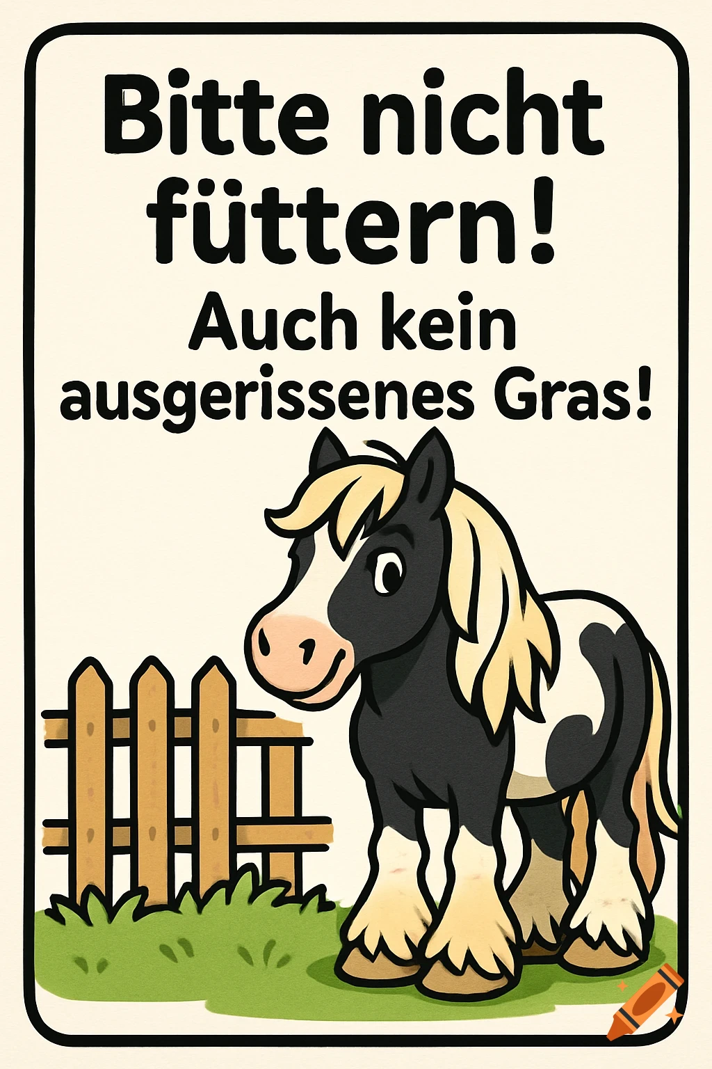 A colorful cartoon warning sign features a friendly black and white tinker horse next to a fence, with the German text "Bitte nicht füttern! Auch kein ausgerissenes Gras!"