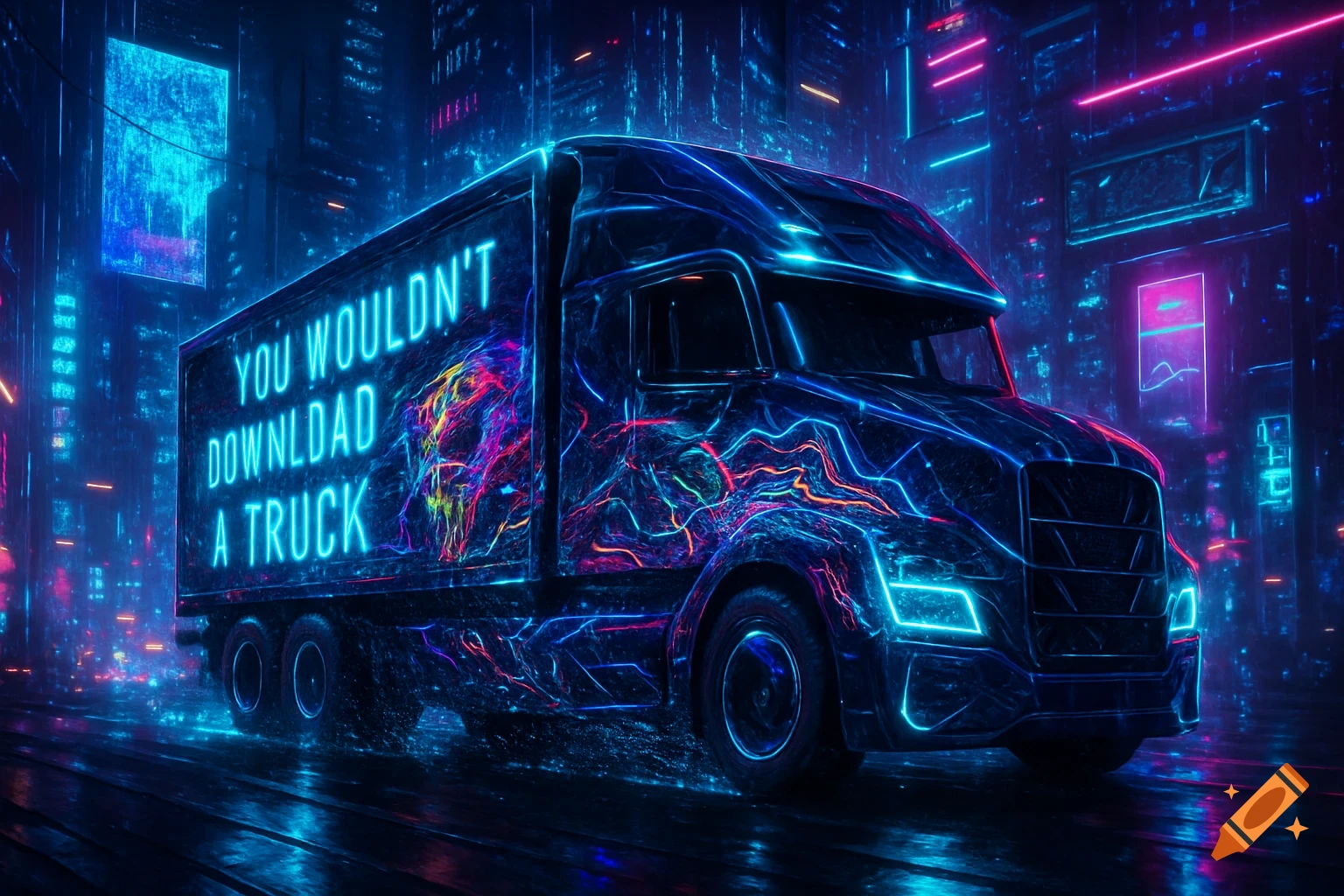 Neon blue semi-truck with "YOU WOULDN'T DOWNLOAD A TRUCK" on its side in a dark, glowing cyberpunk city.