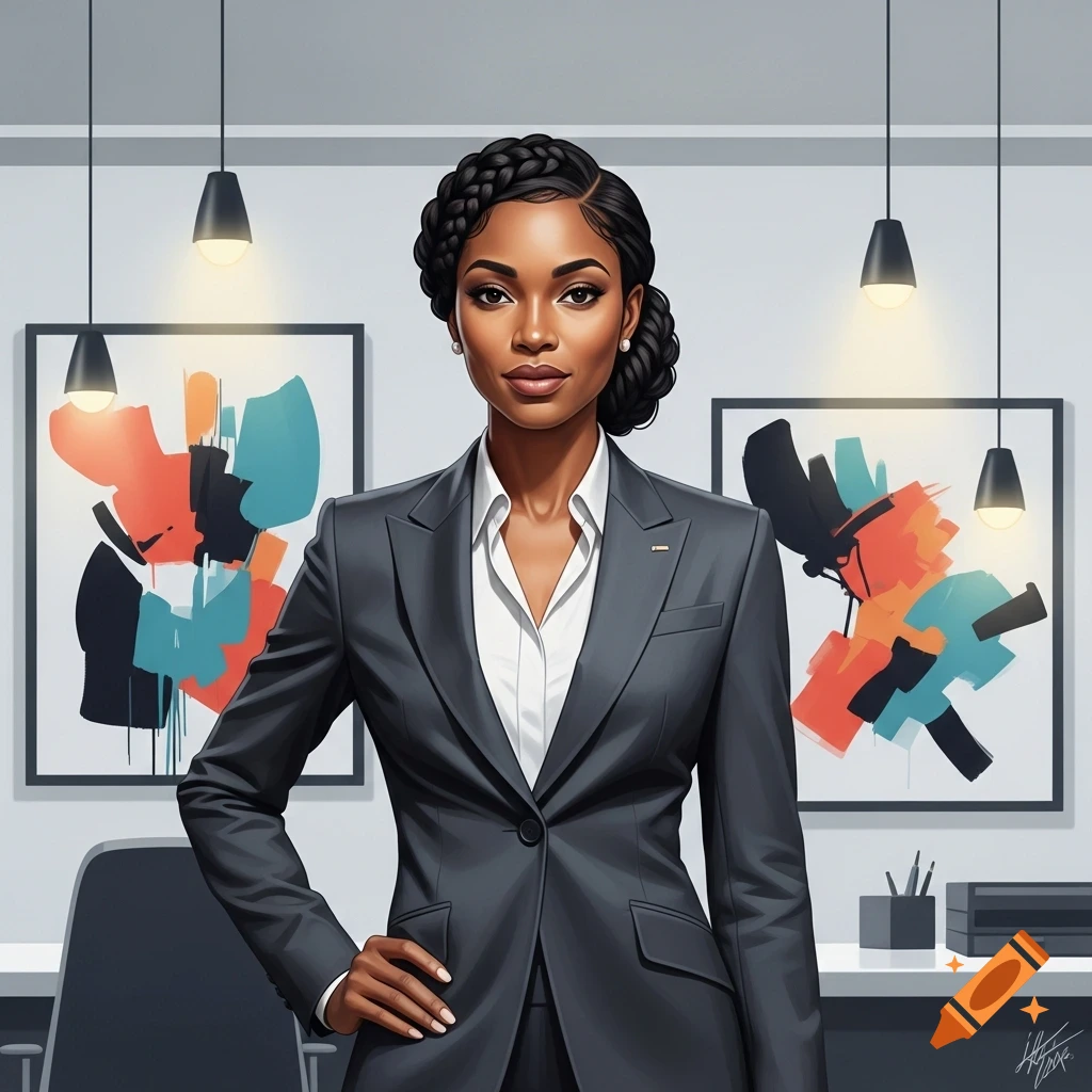 A professional Black woman in a dark suit with braided hair stands confidently in an office with abstract art.