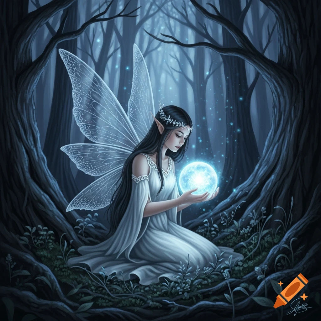 A fantasy fairy with dark hair and white wings kneels in a dark, mystical forest, holding a glowing blue orb.