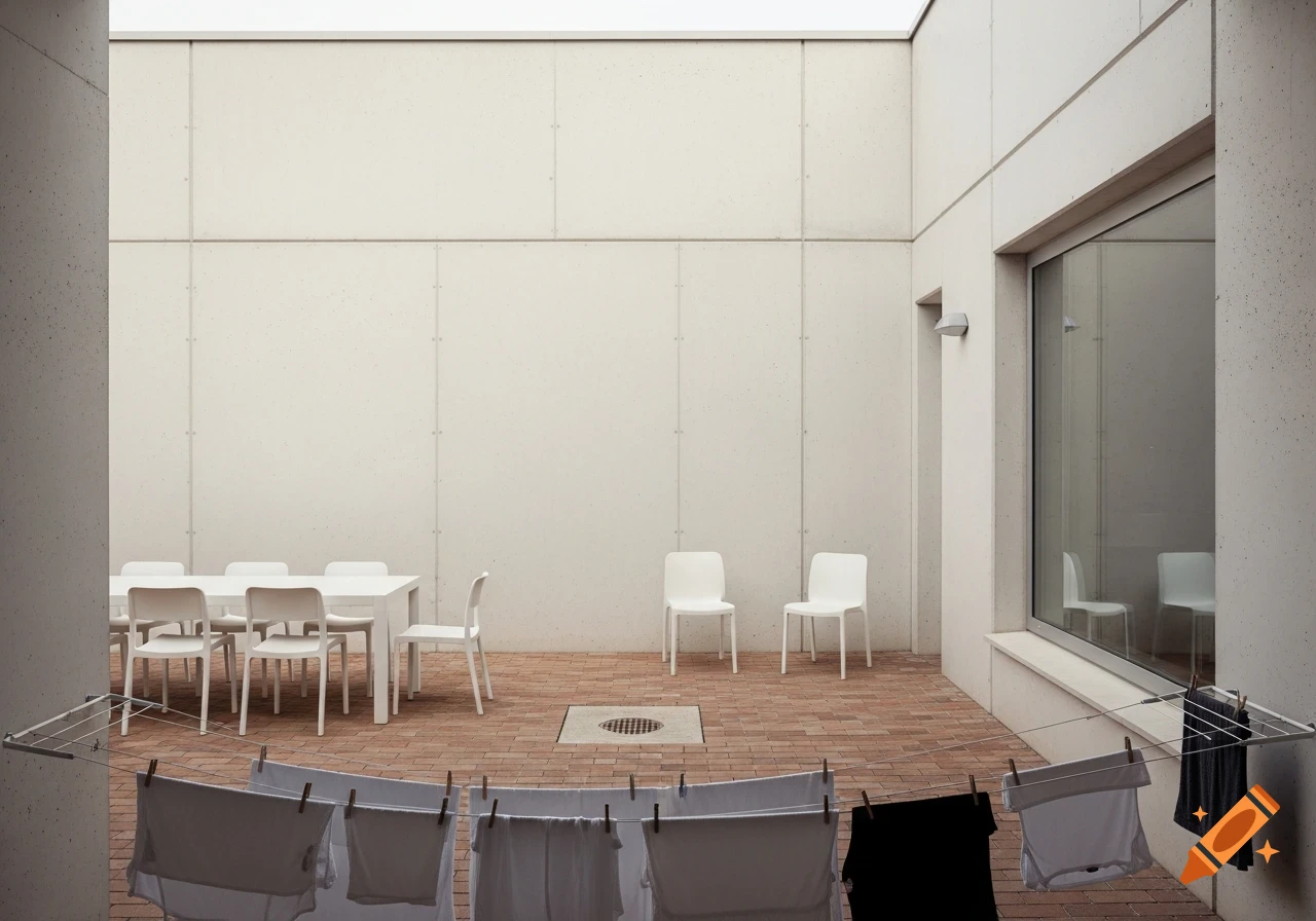 A minimalist outdoor patio with tall white concrete walls, a brick floor, white table and chairs, and laundry hanging on a line.
