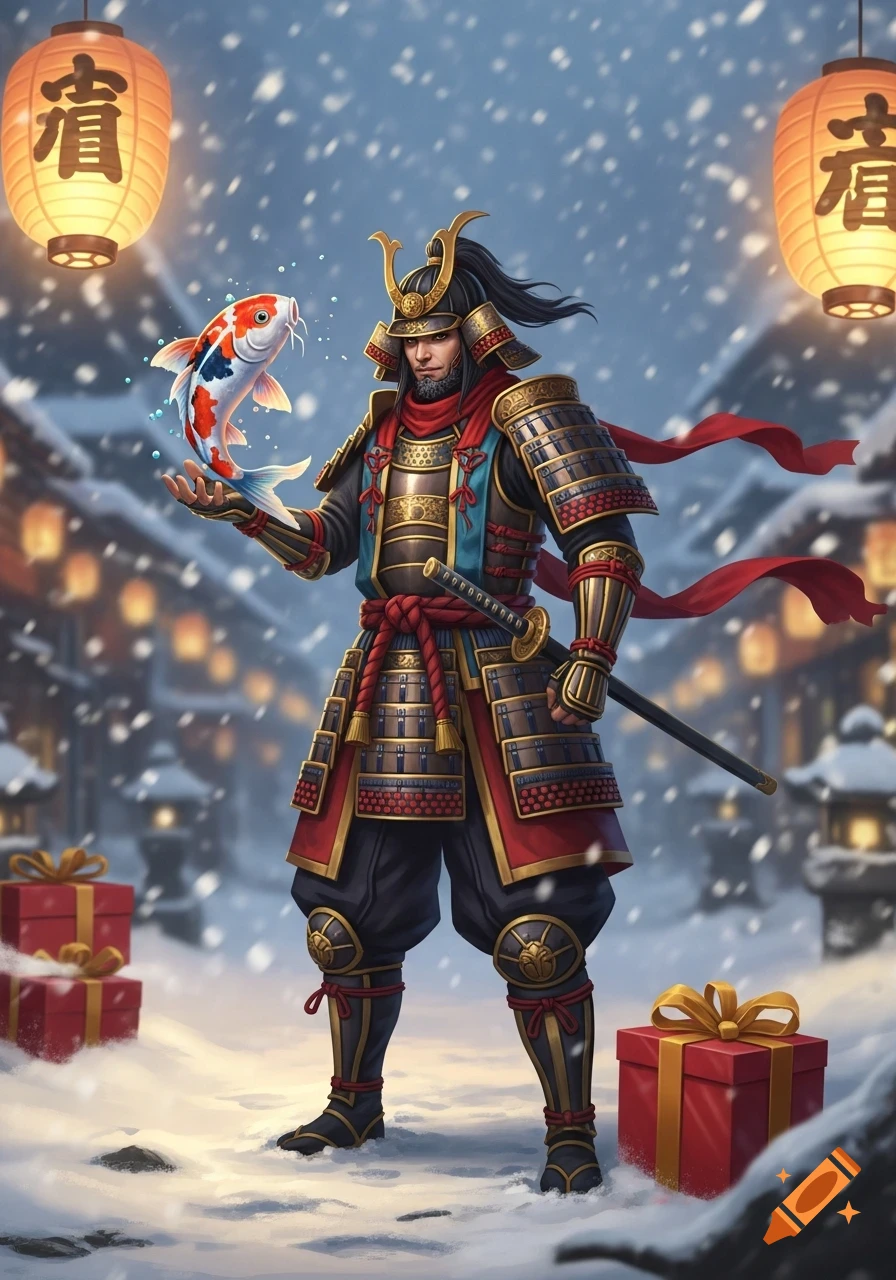 A samurai warrior in intricate armor holds a glowing koi fish in a snowy Japanese village scene with lanterns and gift boxes.