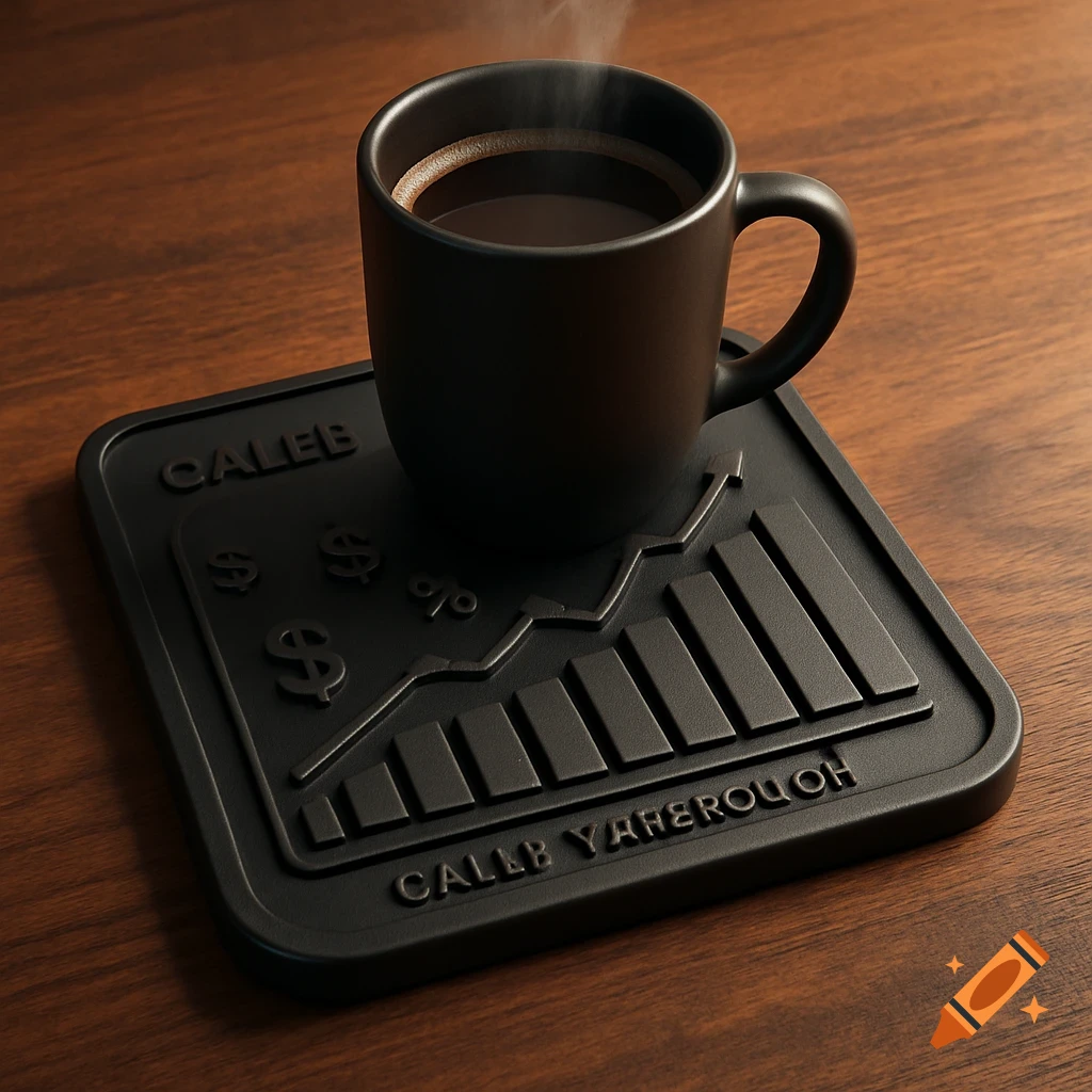 A black coffee mug sits on a black coaster with financial graphs, dollar signs, and text on a wooden table.