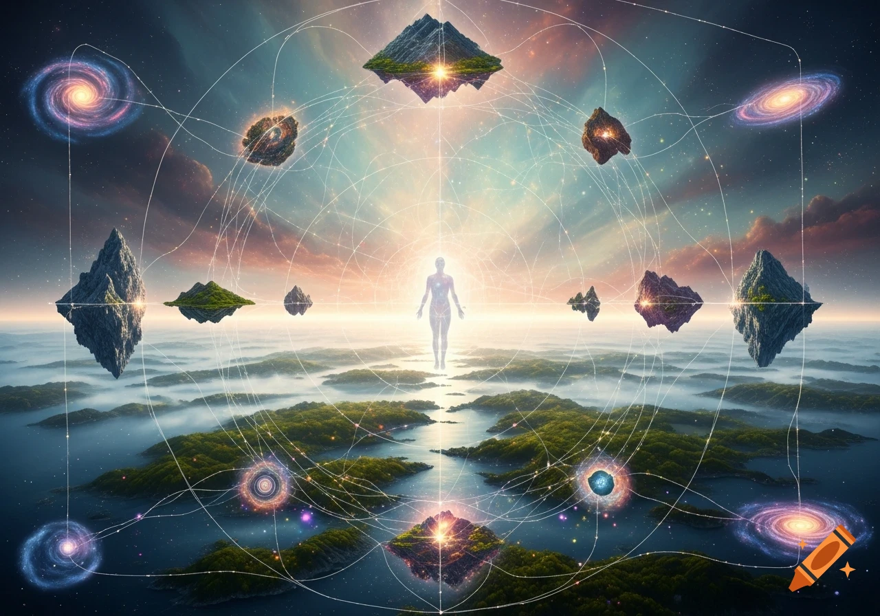 A luminous human figure stands above a misty landscape with floating islands, interconnected by glowing lines to galaxies and cosmic orbs.