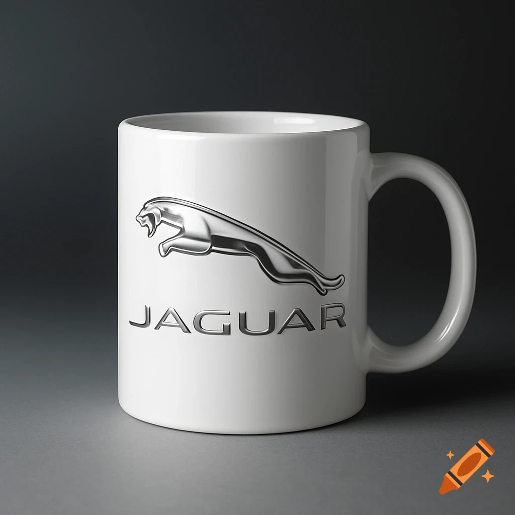 White ceramic mug featuring the metallic silver Jaguar leaping cat logo and "JAGUAR" text on a dark background.