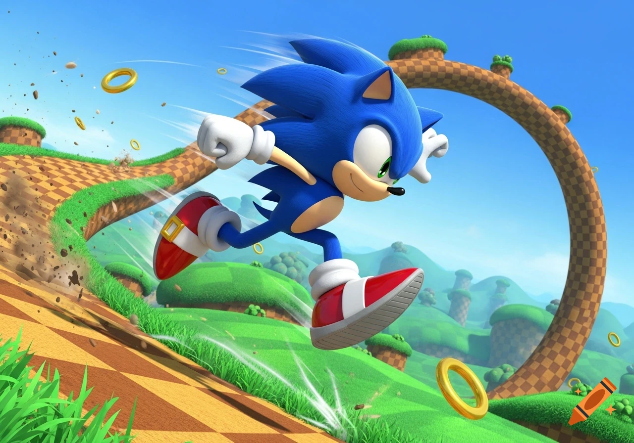 Sonic the Hedgehog races through a vibrant Green Hill Zone, kicking up dirt and collecting rings, in a 3D animated style.