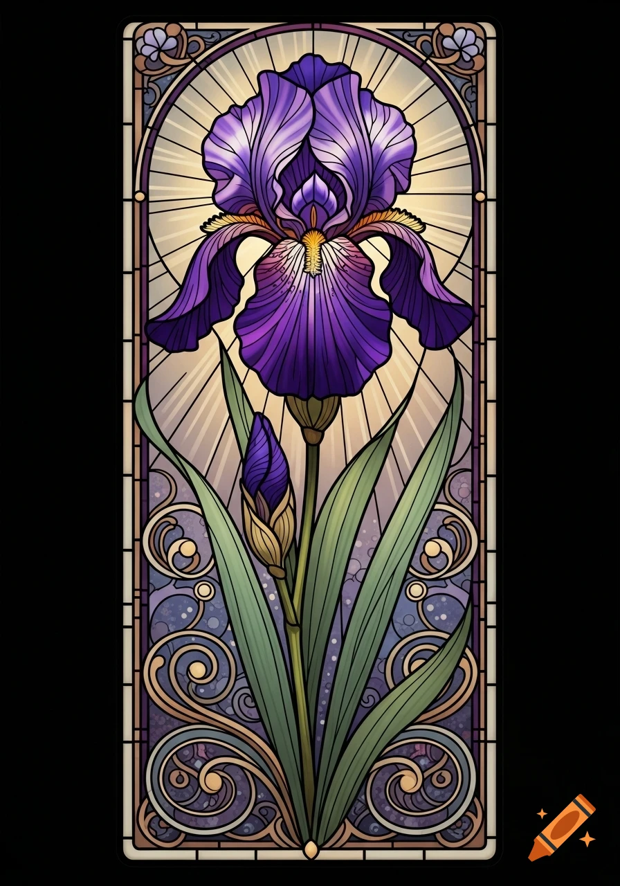 A vibrant purple iris in a tall, ornate stained glass panel, featuring green leaves and a radiant yellow background, in Art Nouveau style.