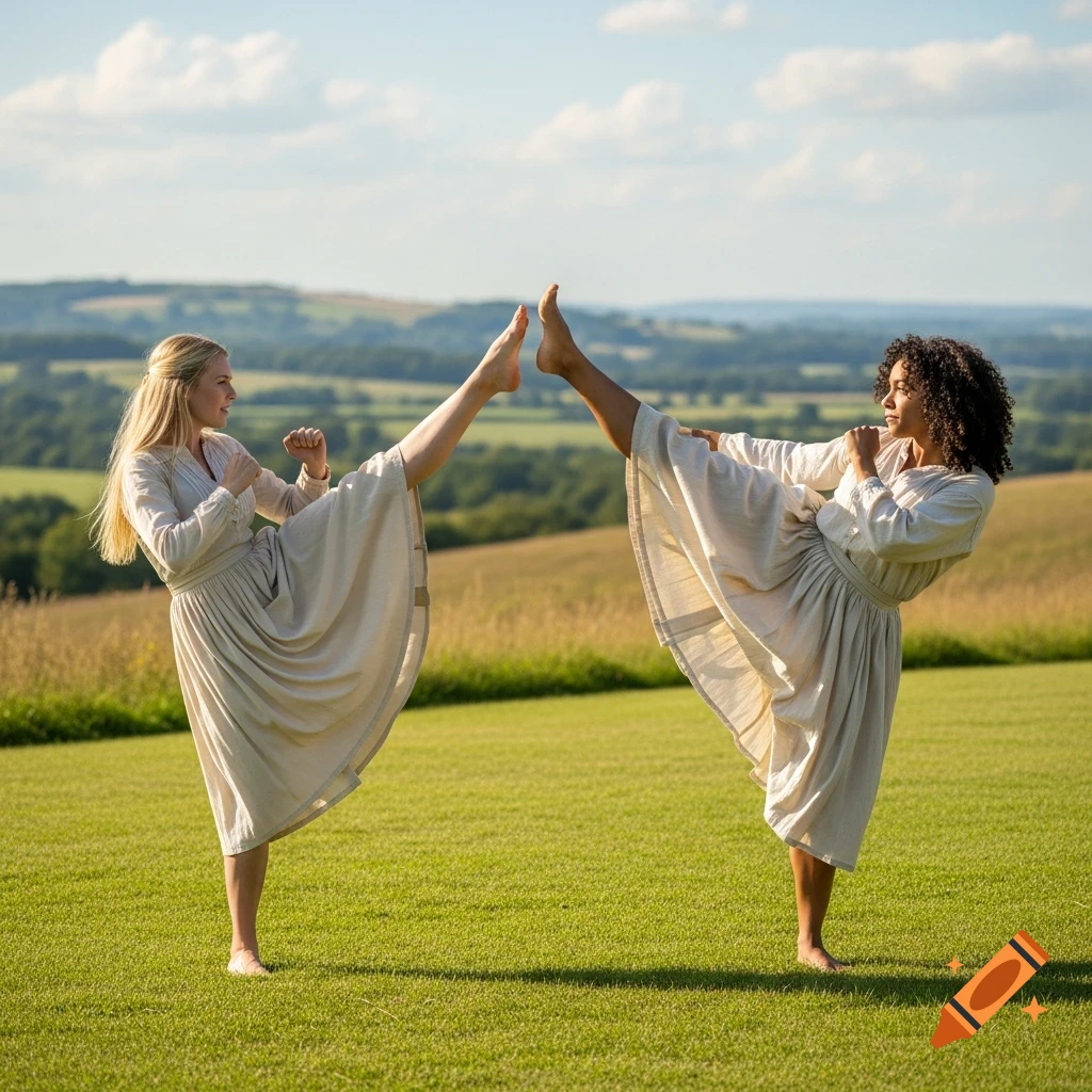 Two barefoot women in white dresses practice high kicks in a sunny green field with rolling hills in the background. Photorealistic style.
