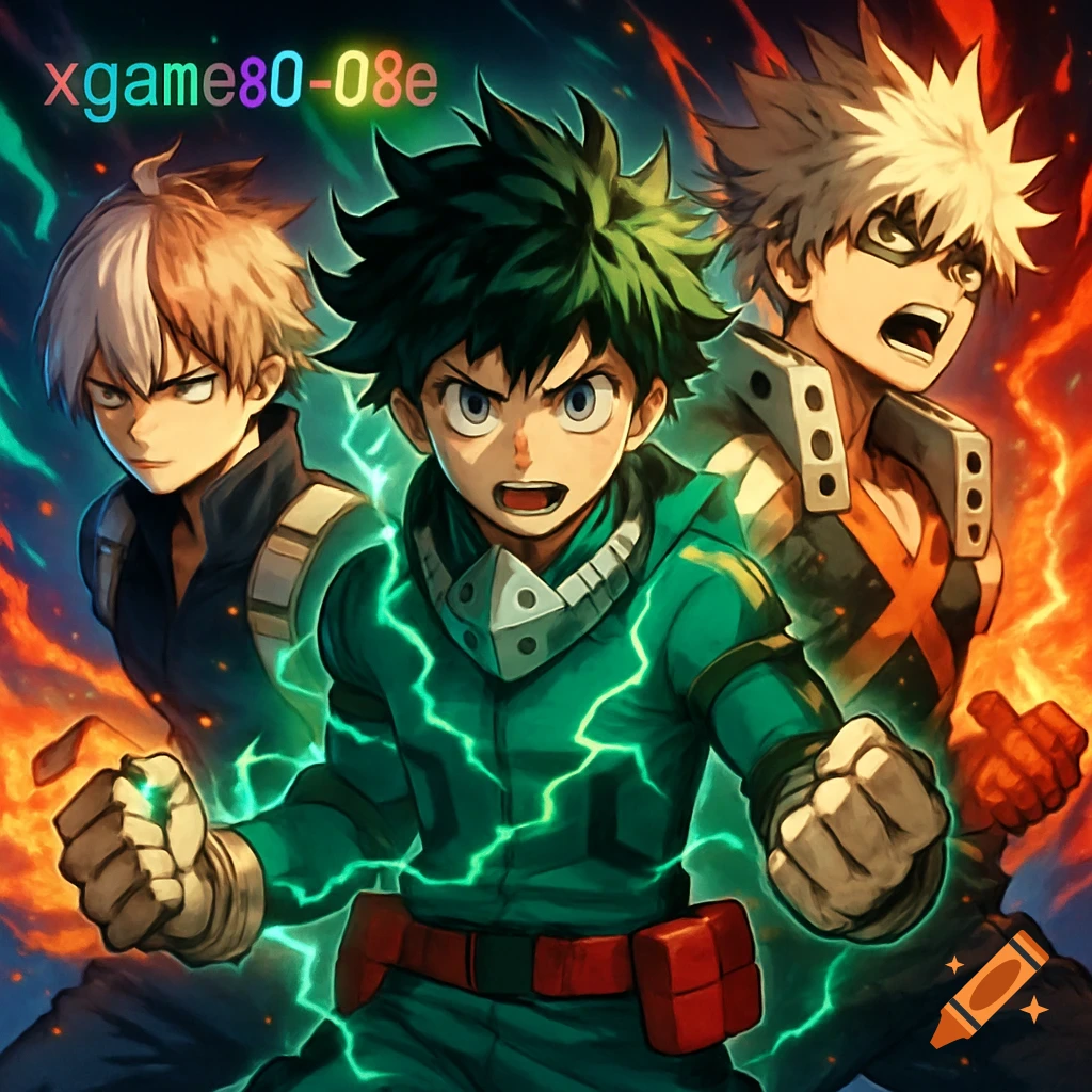 Anime illustration of Izuku Midoriya, Katsuki Bakugo, and Shoto Todoroki in heroic poses with a fiery and electric background.