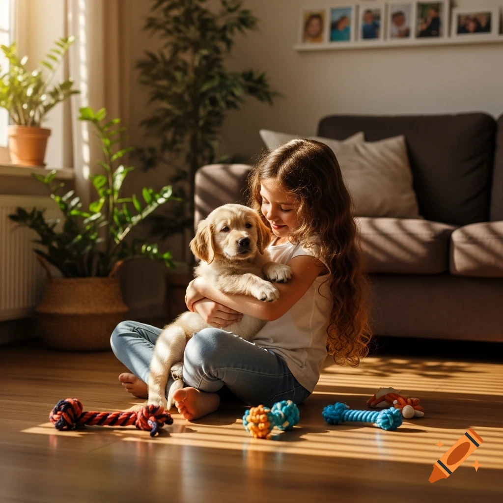 A young girl sits on a sunlit wooden floor, holding a golden retriever puppy, with colorful dog toys nearby in a photorealistic style.