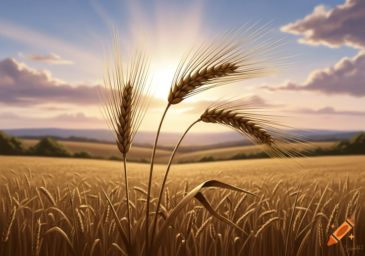 Three golden barley stalks stand prominently in a sun-drenched field at sunset under a blue sky with clouds.