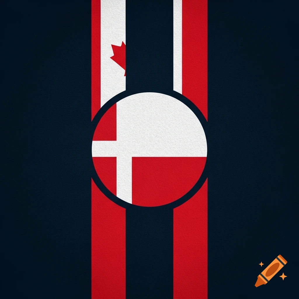 A stylized flag combination featuring red and white vertical stripes, a central white circle with a red cross, and a red maple leaf, all on a dark blue background.