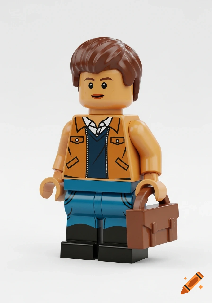 A LEGO minifigure with brown hair, an orange jacket over a blue shirt, blue pants, and black shoes, holding a brown briefcase.