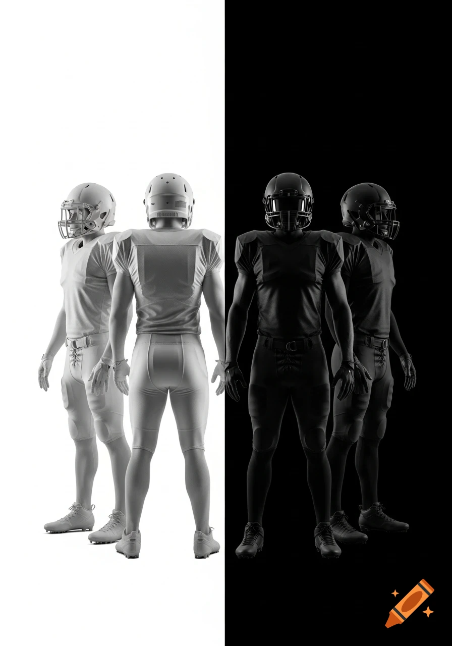 Four identical American football players stand upright on a split white and black background, two in white uniforms, two in black.