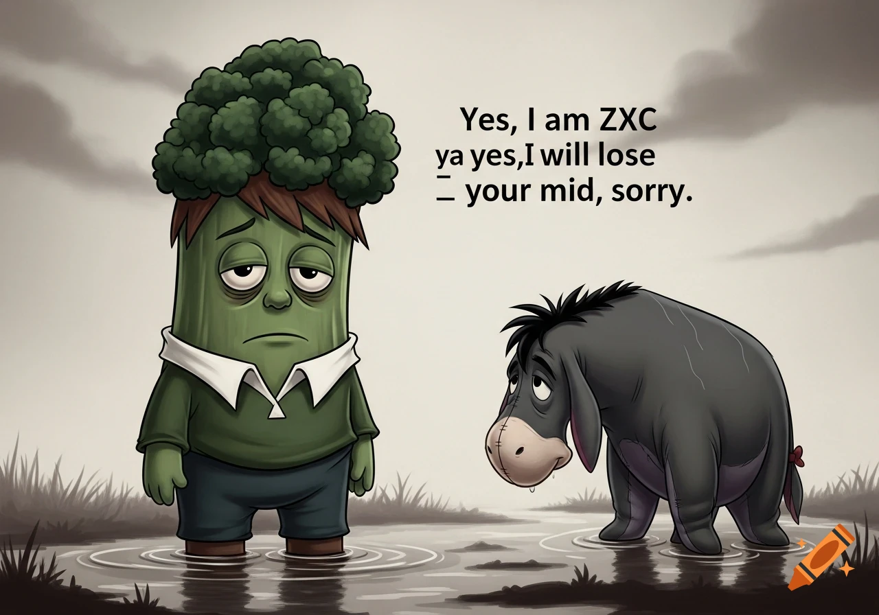 A sad broccoli-headed character and a gloomy Eeyore stand in puddles under text that reads, "Yes, I am ZXC ya yes, I will lose _ your mid, sorry."