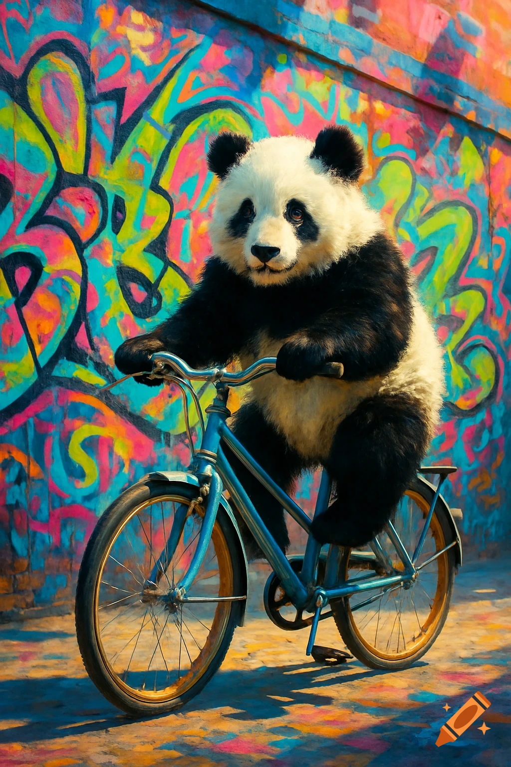 A cute panda rides a blue bicycle in front of a colorful graffiti-covered wall.