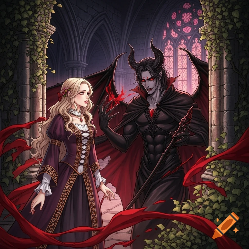 A blonde woman watches a horned, winged demon conjuring red magic in a dark gothic archway with ivy, manga art style.