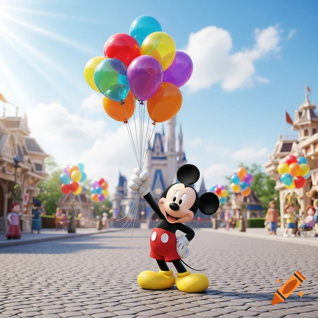 Mickey Mouse stands on a cobblestone path in a sunny theme park, holding a large bunch of colorful balloons, with a castle in the background.