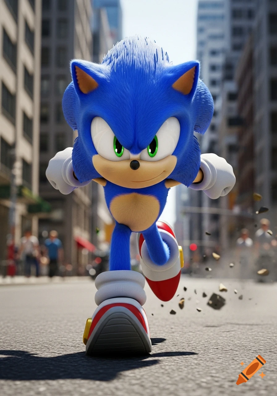 Photorealistic 3D Sonic the Hedgehog running at speed on a city street, kicking up debris.