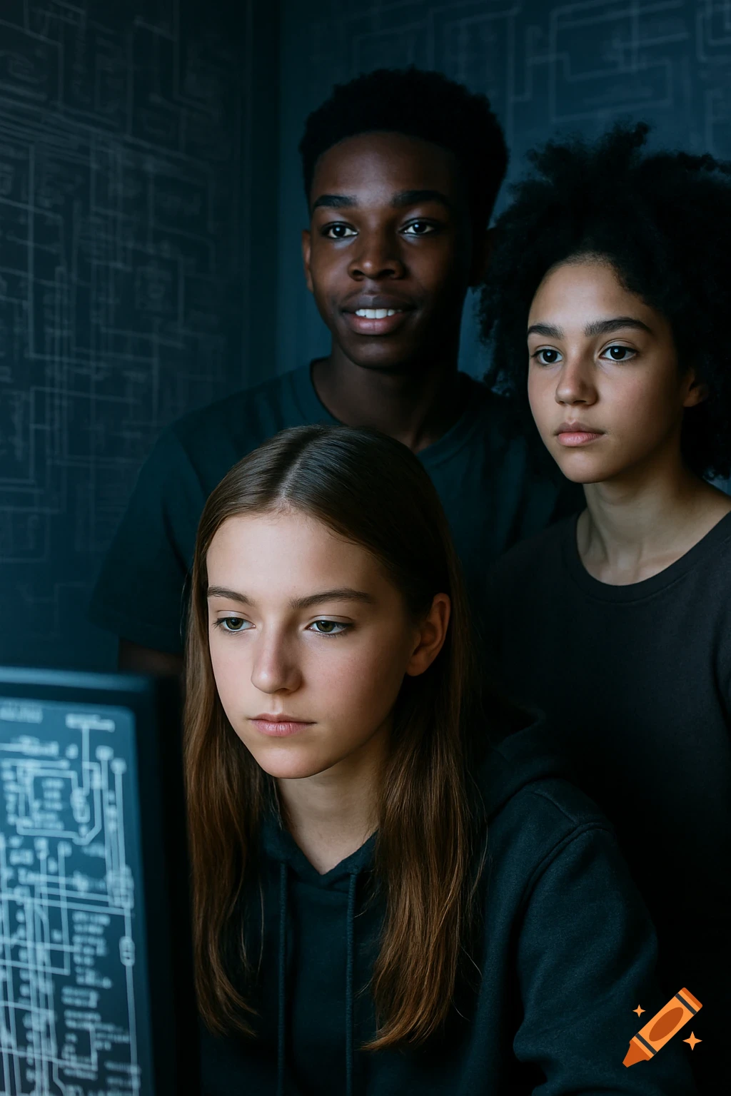 Three teenagers, two looking over the shoulder of a girl with long hair intently focused on a computer screen displaying circuit diagrams in a dark room.
