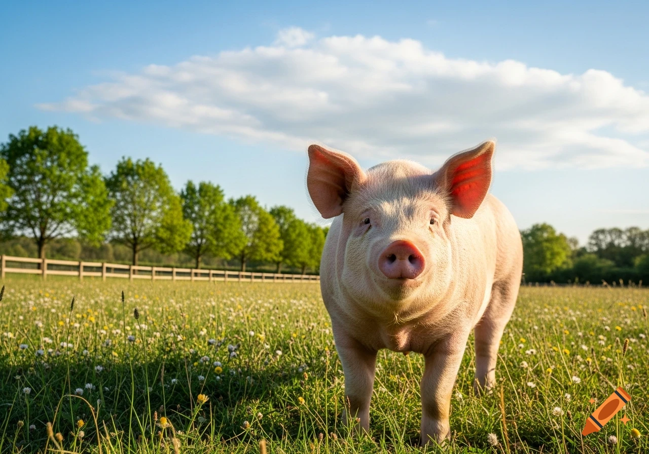 A close-up, photorealistic shot of a pink pig looking directly at the camera in a sunny green meadow with trees.