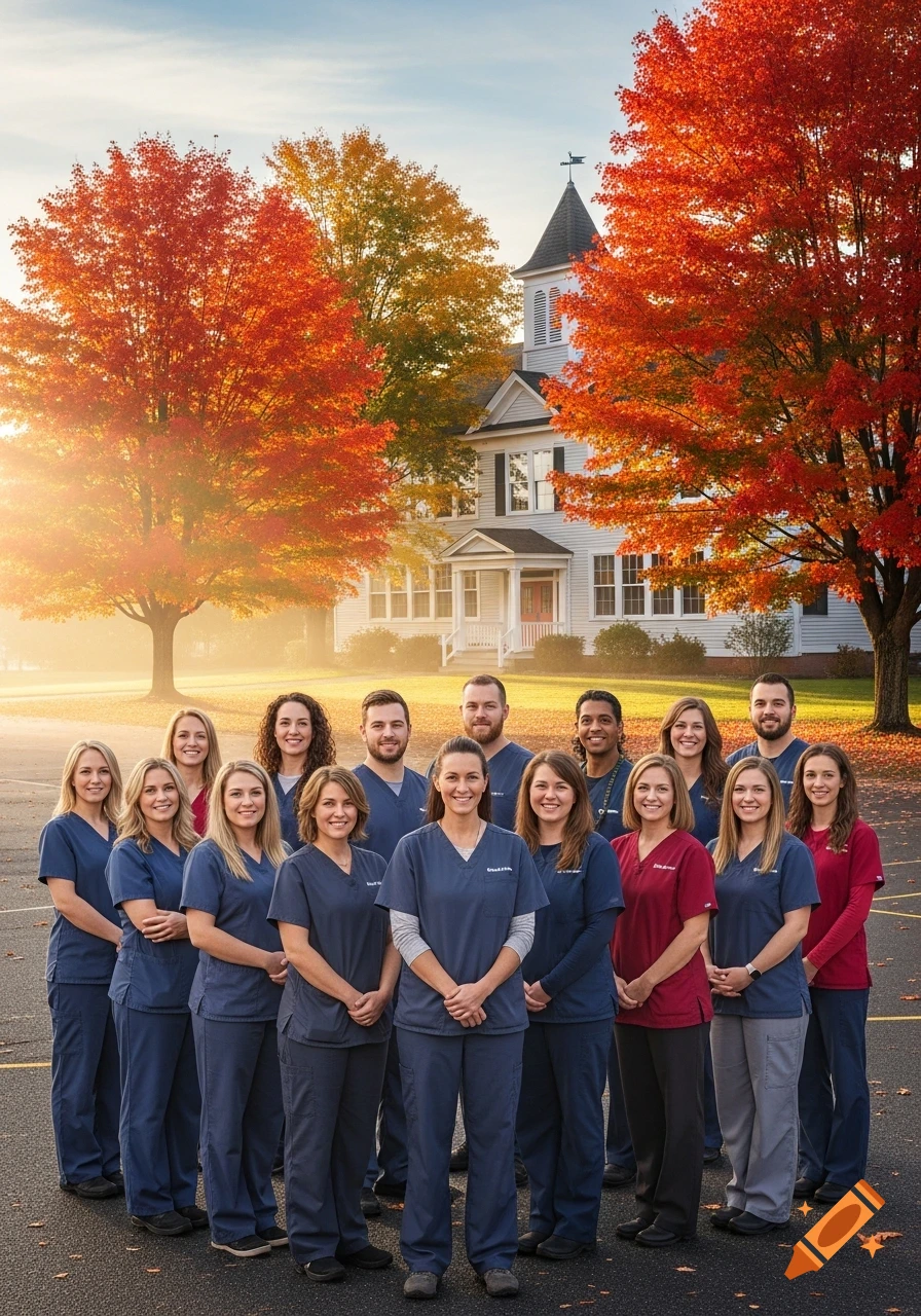 A large group of smiling medical professionals in scrubs stand in front of a white building with a steeple and vibrant red and orange autumn trees at sunset.