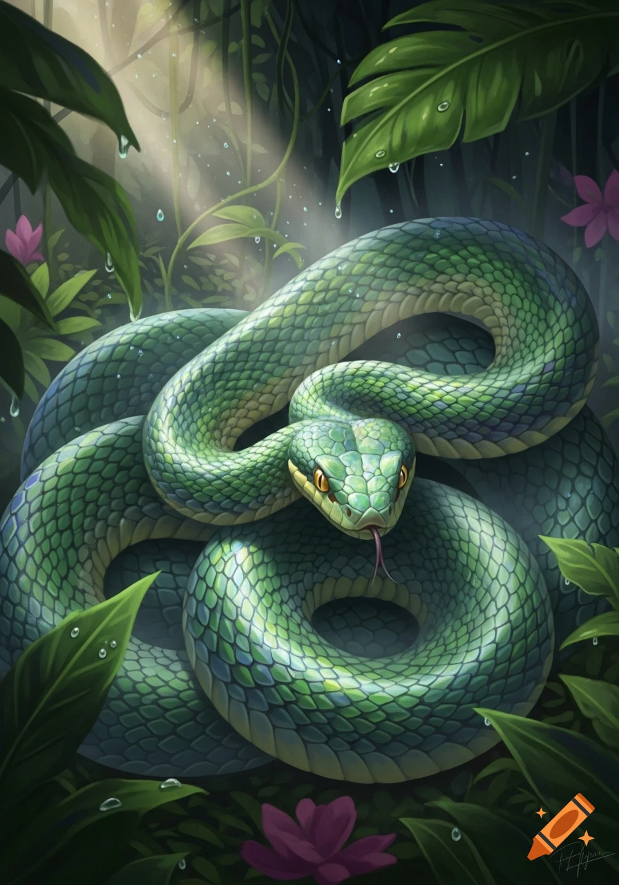 A detailed illustration of a vibrant green snake coiled in a lush, sun-dappled jungle with water droplets on leaves.