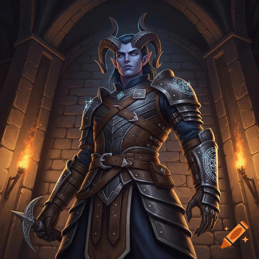A male tiefling with blue skin, spiral horns, and long dark hair, wearing elaborate leather and metal armor, stands in a stone dungeon lit by torches.