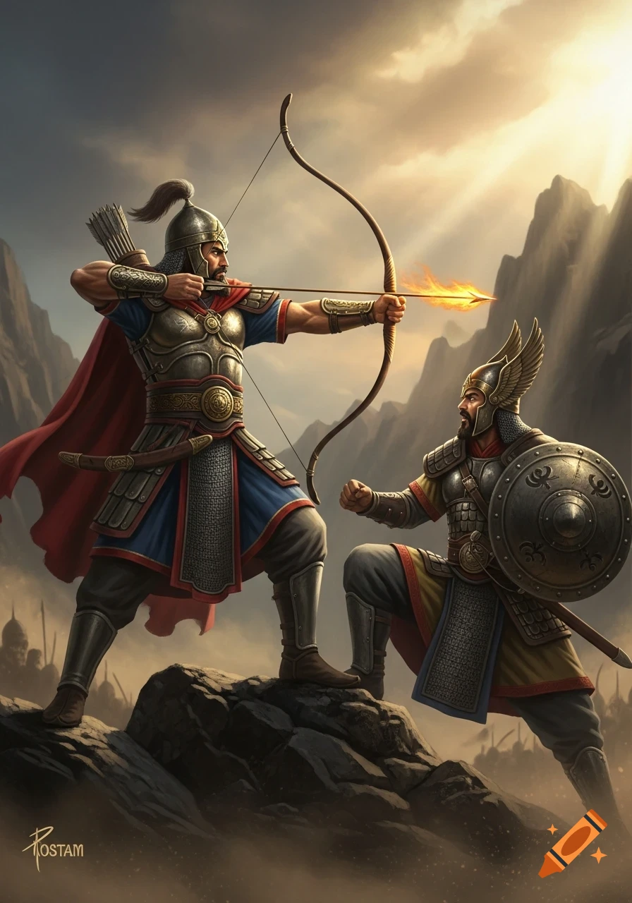 Two armored warriors battle on a rocky cliff. One, a skilled archer, aims a flaming arrow at his kneeling opponent with a shield.
