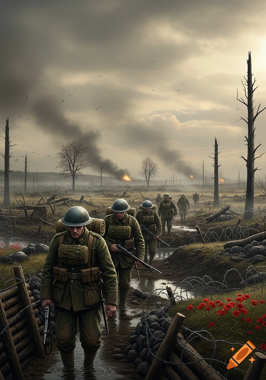 A line of World War 1 soldiers in helmets and olive green uniforms trudge through a muddy, war-torn landscape with barbed wire, dead trees, and fires under a cloudy sky.