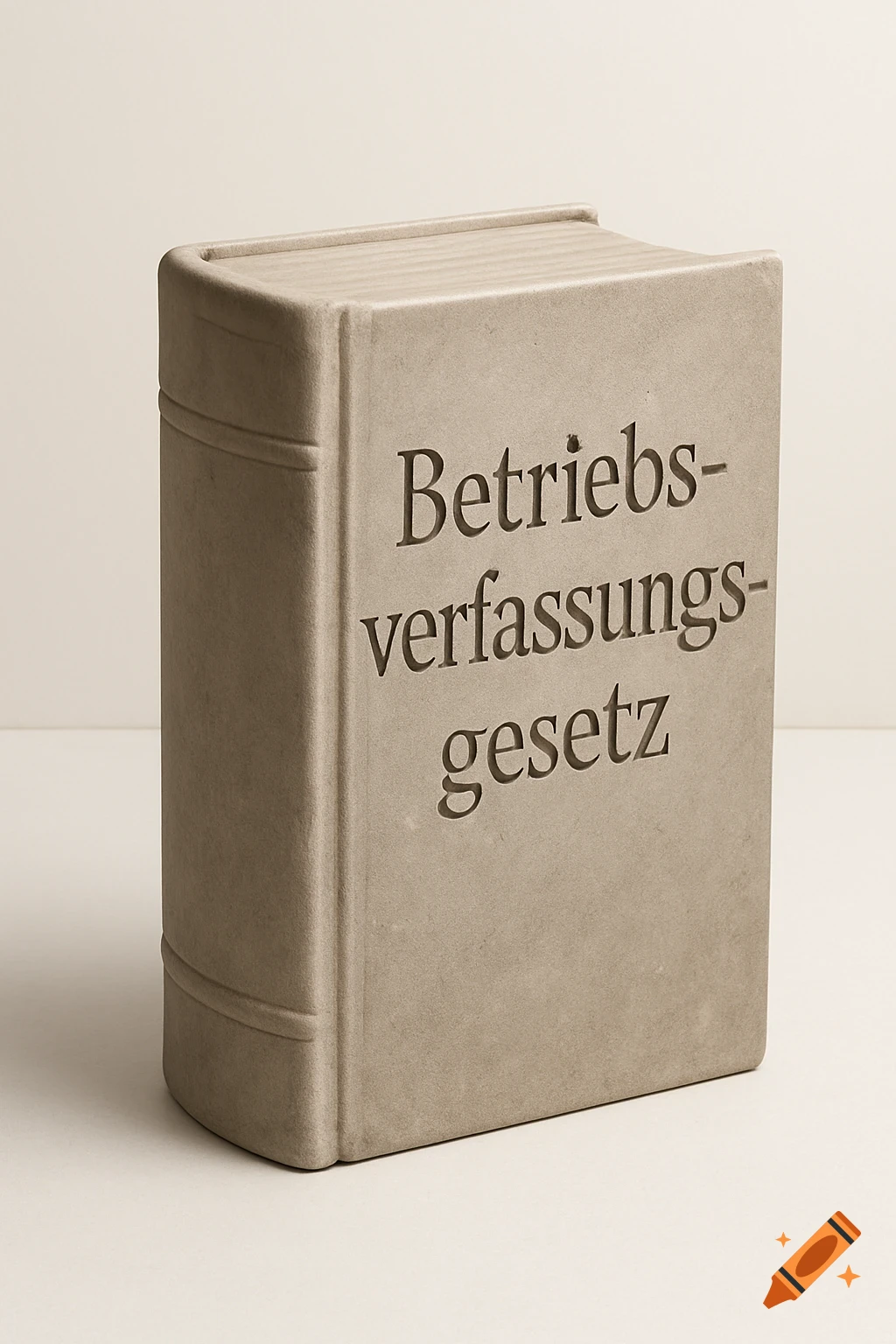 A light brown statue of a thick book titled "Betriebs-verfassungs-gesetz" on a plain background.
