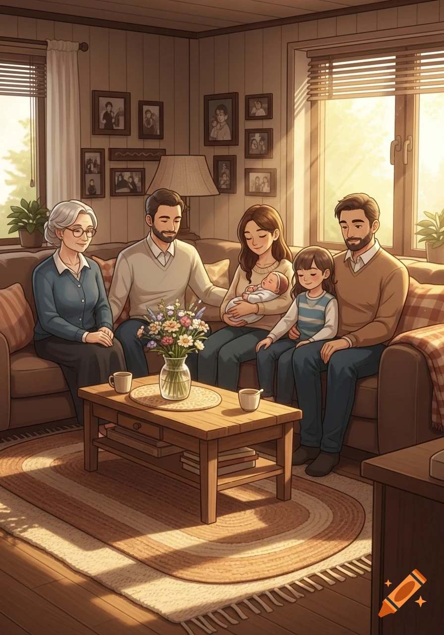 Illustration of a multi-generational family sitting on a living room couch with a baby, bathed in warm sunlight.