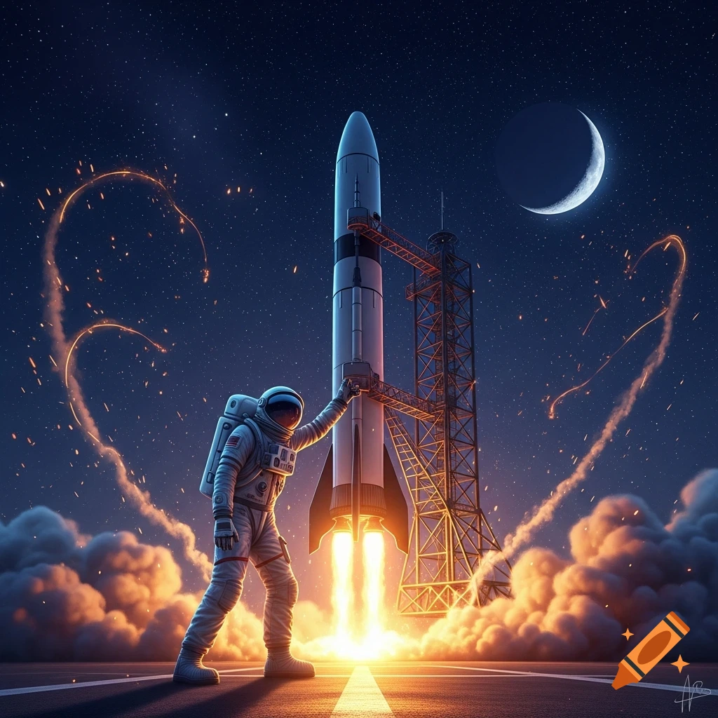 An astronaut stands next to a rocket launching at night, with glowing exhaust and sparks forming heart shapes against a starry sky and crescent moon.