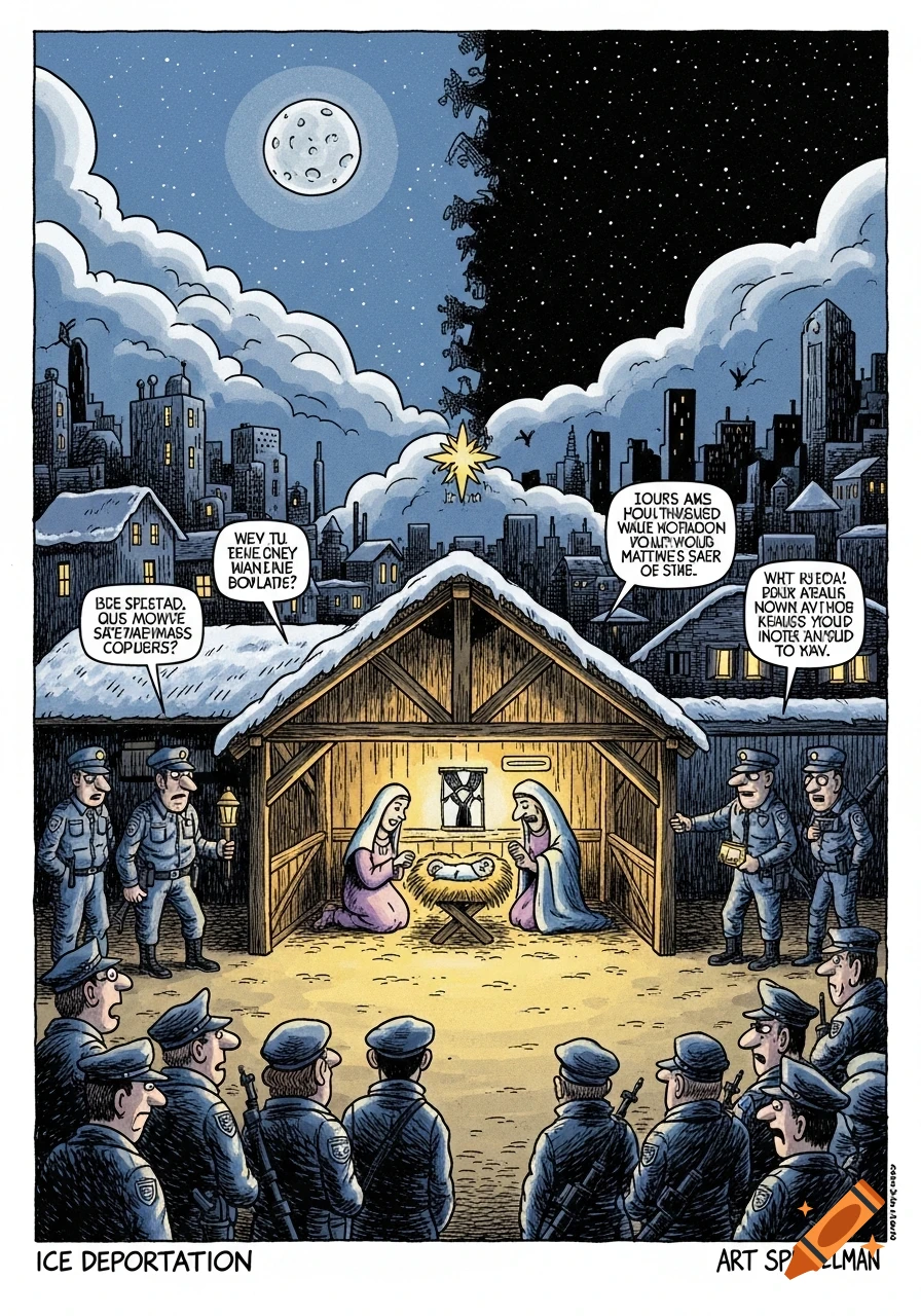 A satirical political cartoon showing a nativity scene surrounded by police officers under a snowy city skyline. Title: ICE DEPORTATION.