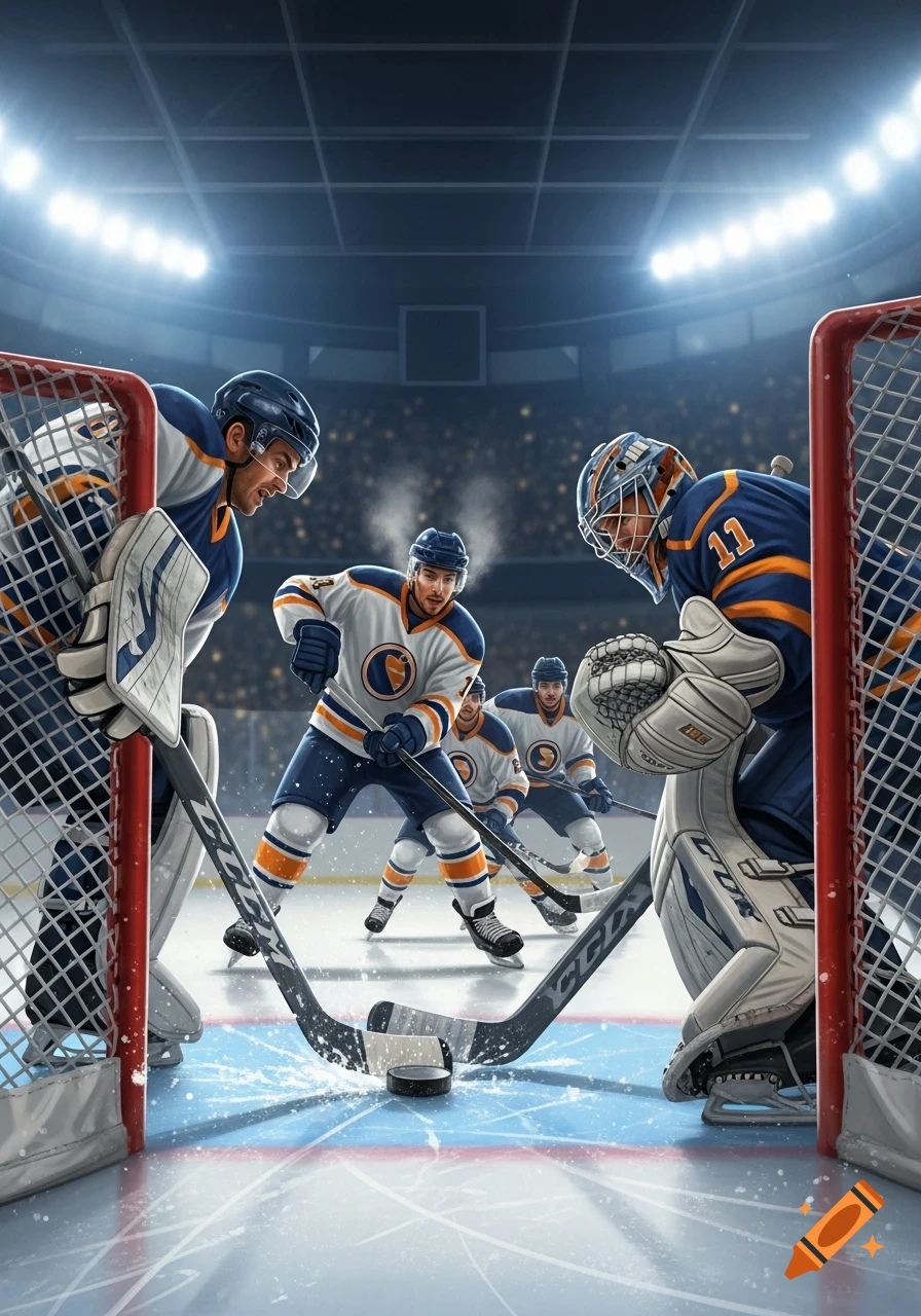 An intense, stylized illustration of an ice hockey game with several players in action around the puck and two goalies guarding the nets under bright stadium lights.
