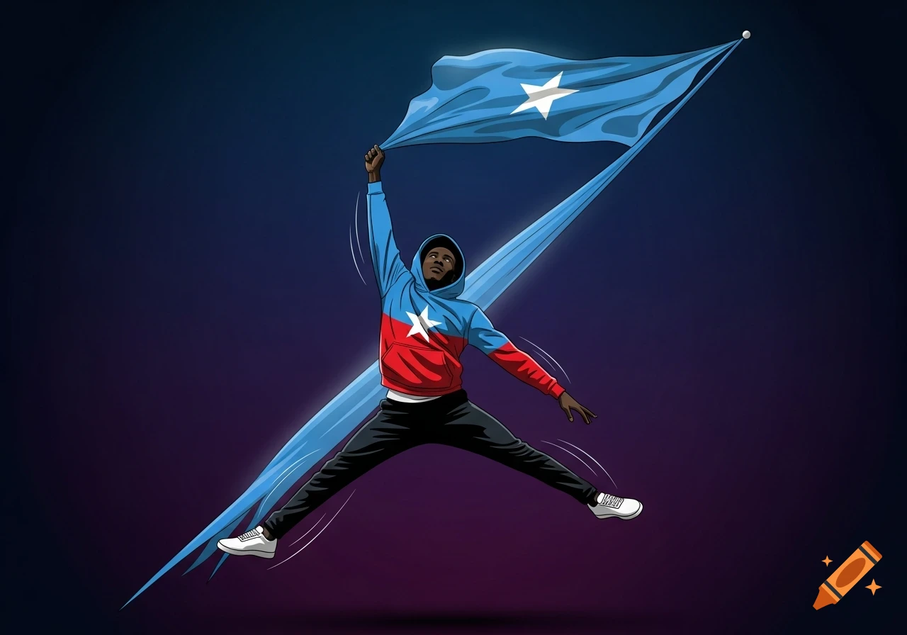 A dynamic minimalist illustration of a man mid-leap in a red and blue hoodie, holding a flowing Somali flag against a gradient background.