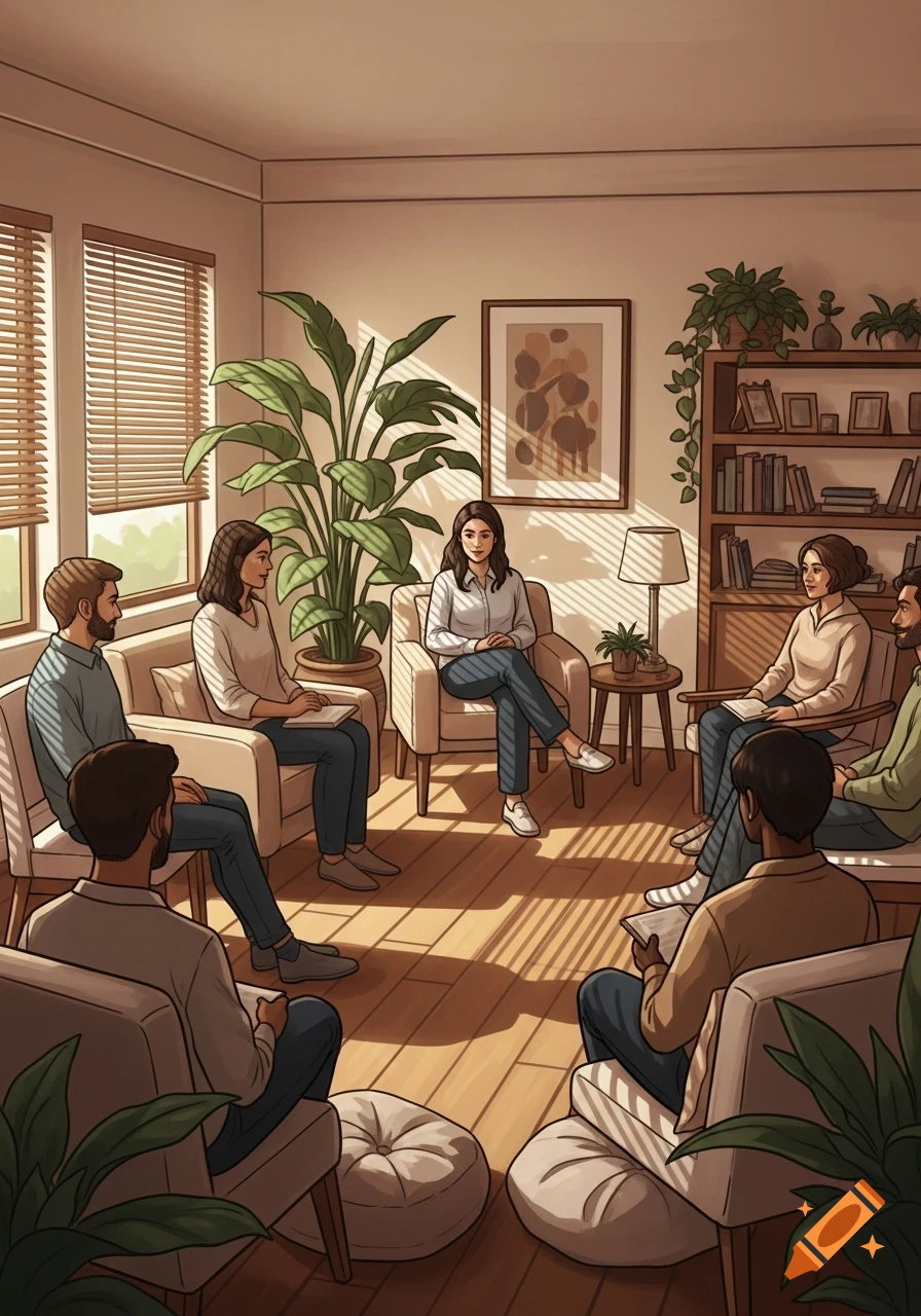 An illustration of seven people sitting in a circle in a sunlit room, engaged in a group therapy session.