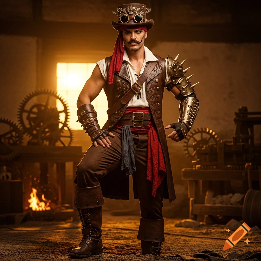 Photorealistic image of a confident man in a steampunk pirate outfit posing in a workshop with gears and fire.