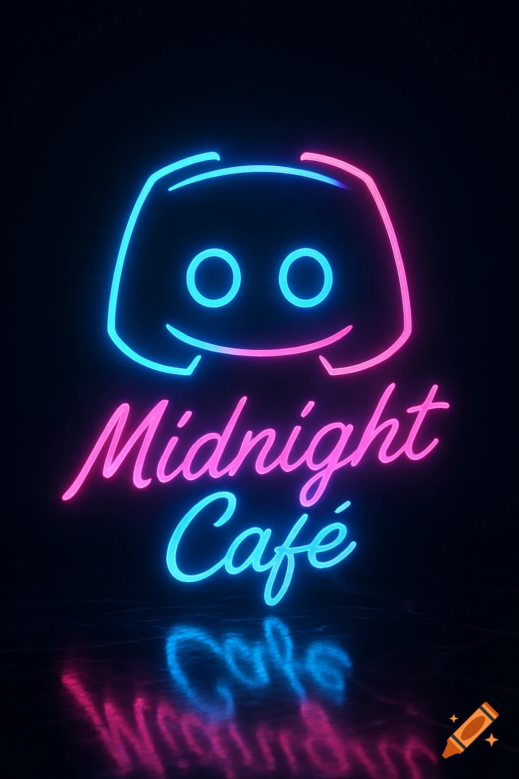 Neon Discord logo and 'Midnight Café' text in pink and blue, reflecting on a dark surface, with a retro aesthetic.