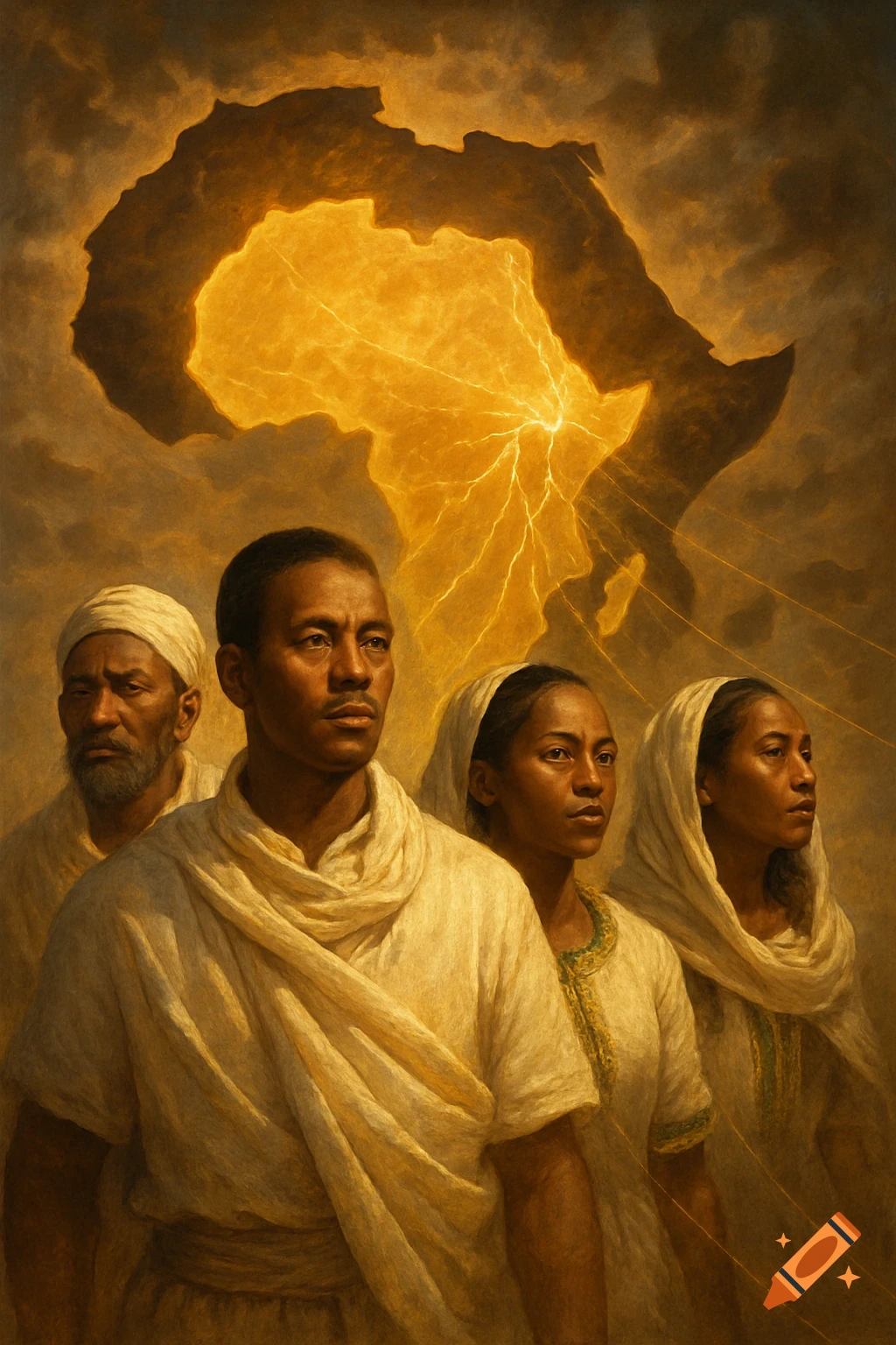 Four people in white robes look forward, with a glowing, electrified map of Africa behind them, in a painted style.