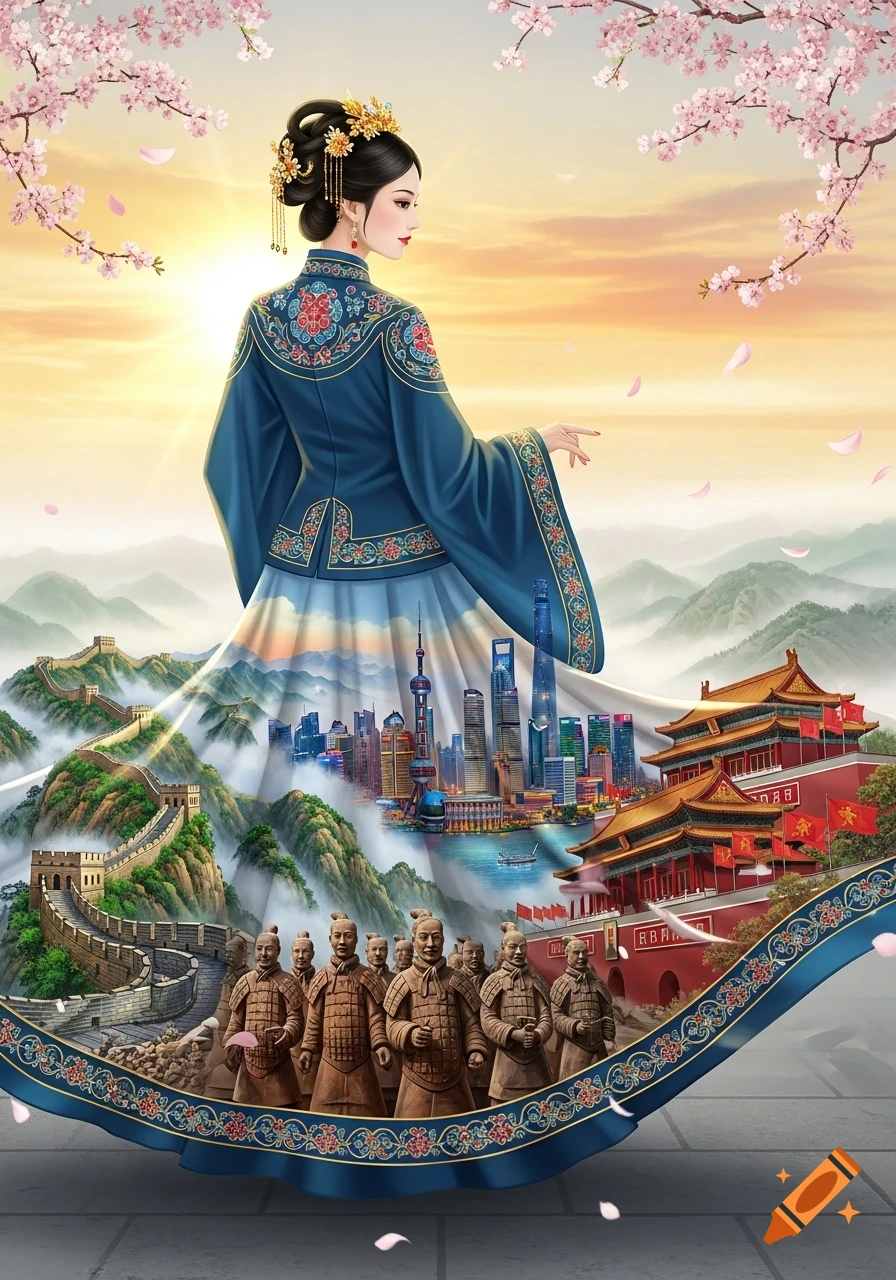 A stylized image of a Chinese woman in a traditional blue dress, which depicts the Great Wall, Shanghai skyline, and the Forbidden City with Terracotta Army figures. Cherry blossoms frame the top.