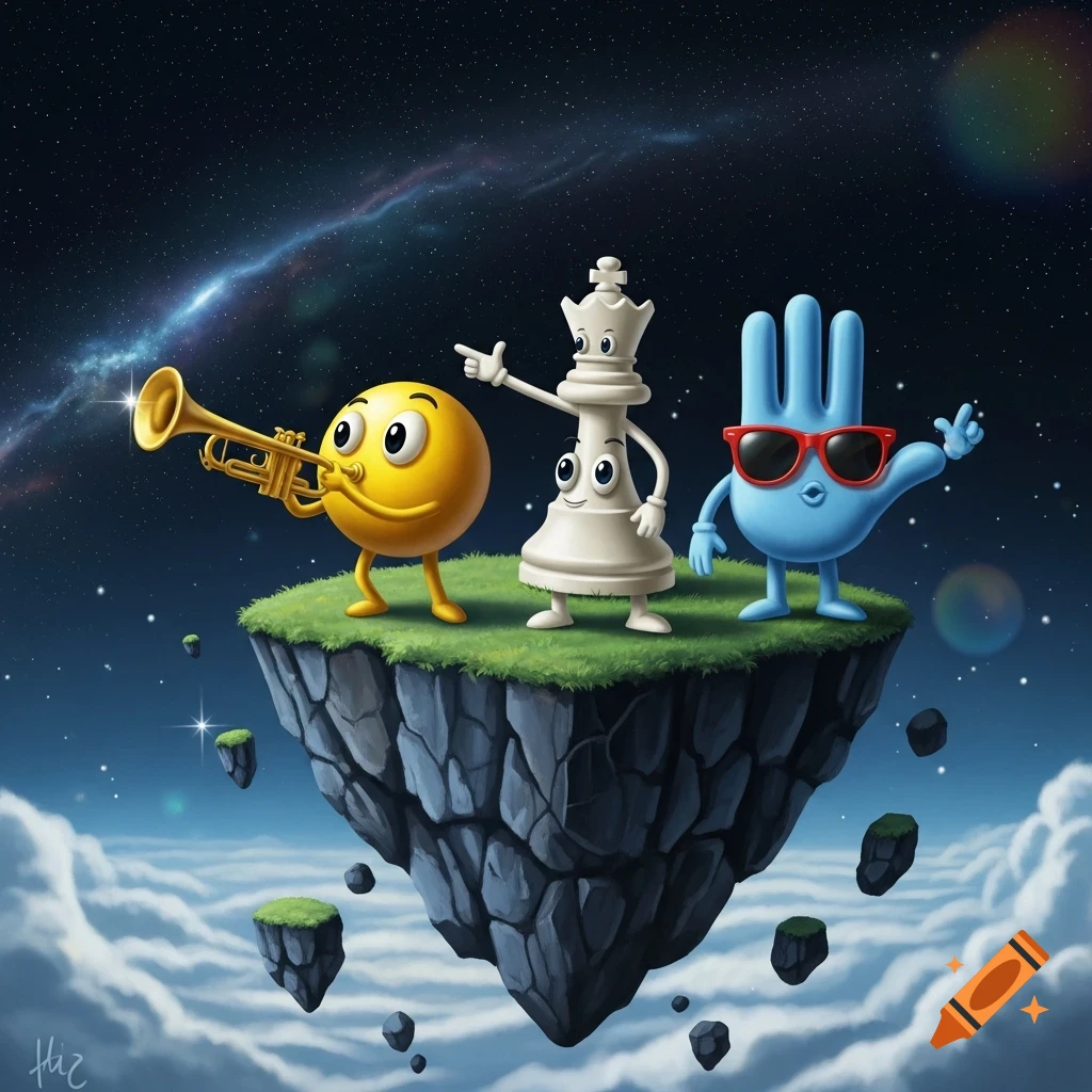 A yellow emoji playing a trumpet, a white chess queen, and a blue glove with sunglasses stand on a floating rock island above clouds, in space.