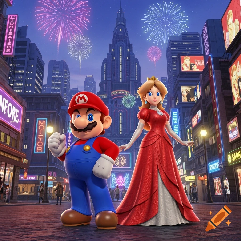 Mario and Pauline in a red dress pose on a city street with neon signs and fireworks overhead, in a 3D animated style.