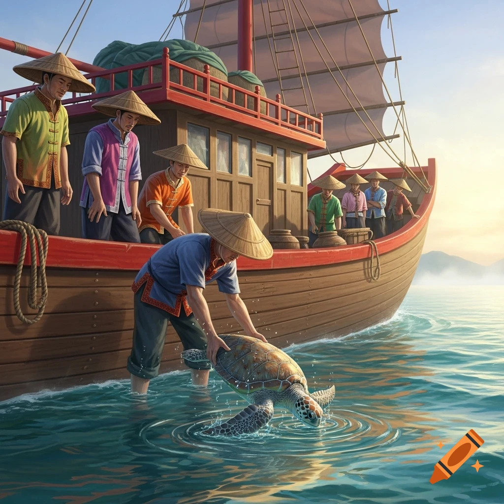 Illustration of several fishermen on a wooden boat releasing a large sea turtle into the calm ocean water.