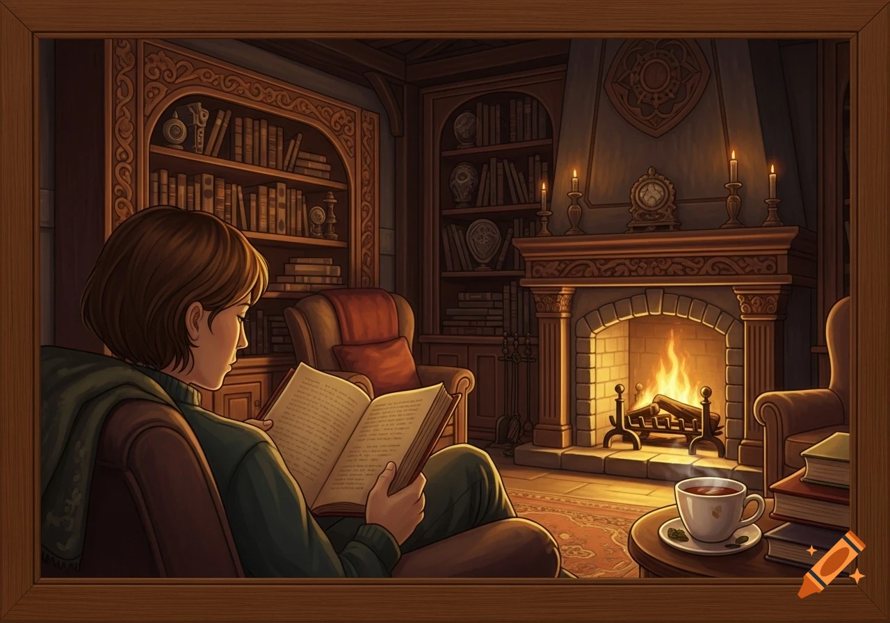 An illustrated person reads a book in a cozy room by a fireplace, surrounded by bookshelves and a cup of tea.