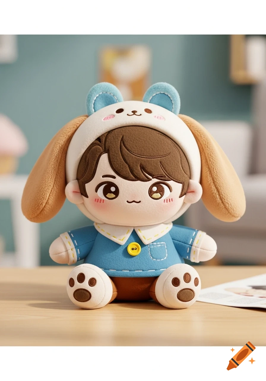 Cute boy plushie in a blue outfit and white bunny-eared hood, with paw print feet.