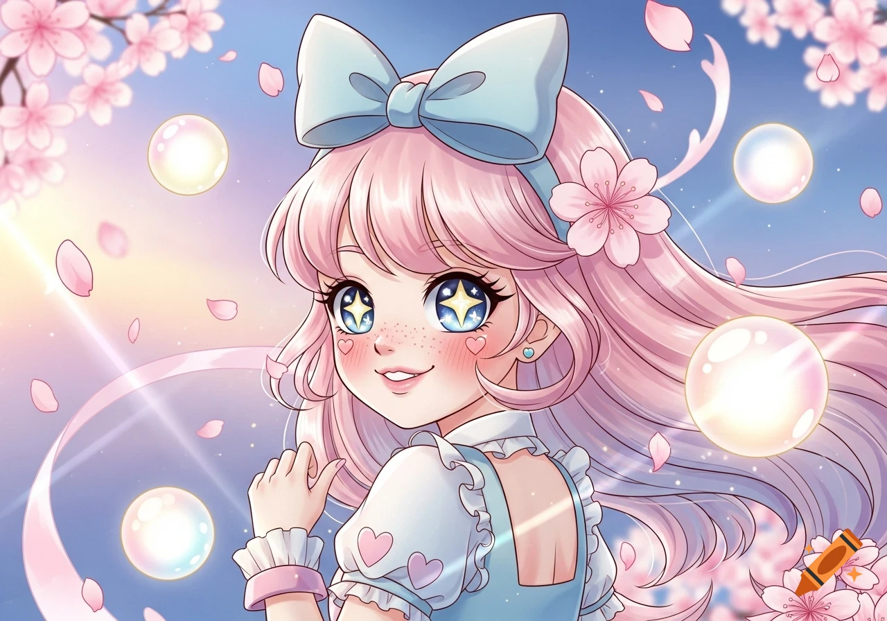 Cute anime girl with pink hair, blue bow, and sparkling eyes, surrounded by cherry blossoms and glowing bubbles against a soft sky.