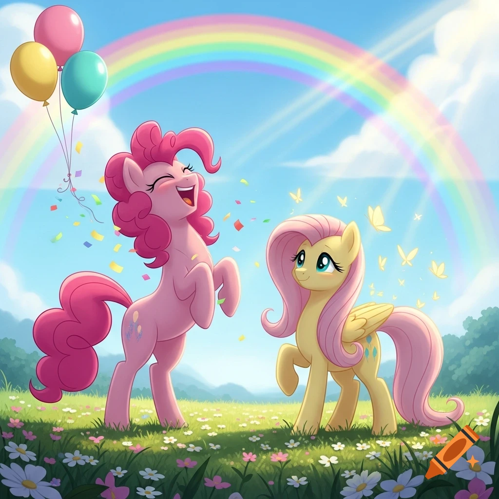 Cartoon characters Pinkie Pie and Fluttershy standing in a grassy field under a rainbow with balloons and confetti.