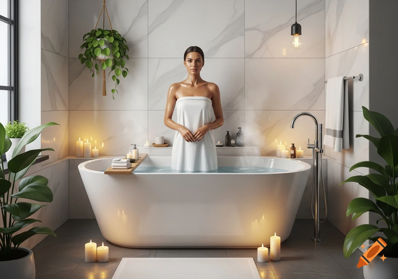 Photorealistic image of a woman in a white towel standing in a bathtub surrounded by lit candles and plants in a modern bathroom.